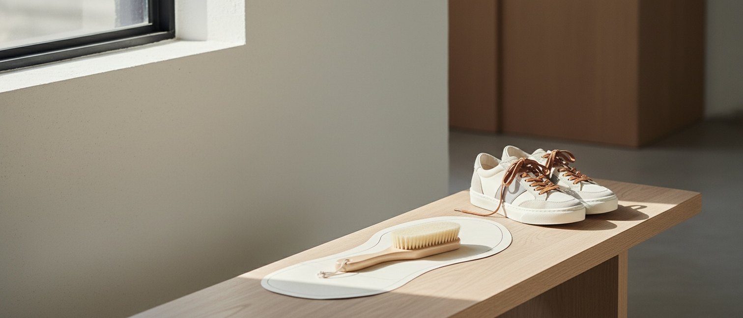 Baskets femme posées avec une feuille de mesure du pied