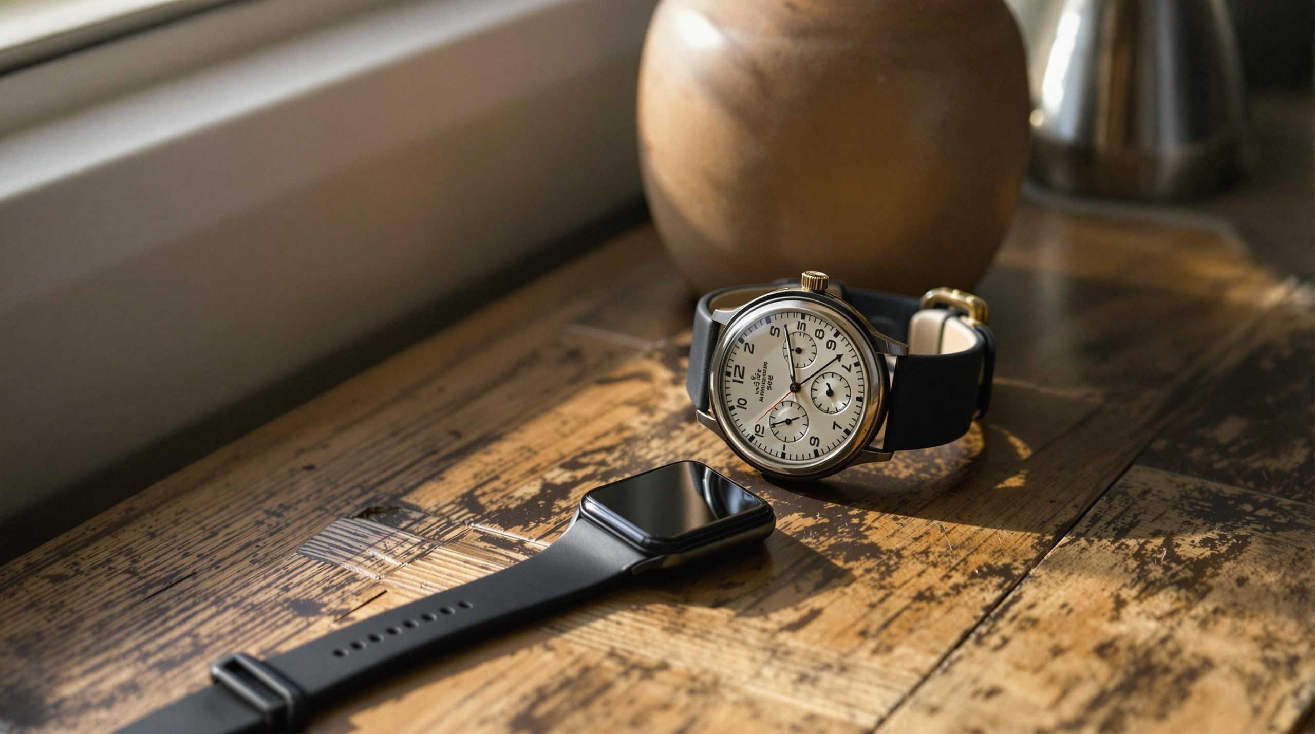 Une montre connectée noire et une montre analogique à bracelet noir posées sur une table en bois.